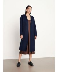 Vince Belted Collarless Coat In Wool Cashmere - Blue