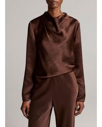 Vince - Satin Draped Cowl-Neck Long-Sleeve Top - Lyst