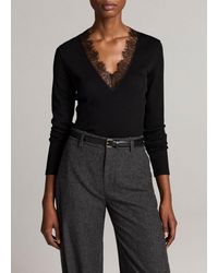 Vince - Lace-Trim Ribbed Long-Sleeve V-Neck Top - Lyst