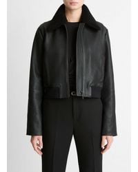 Vince - Shearling-Trim Shrunken Leather Jacket - Lyst