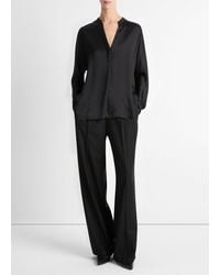 Vince - Silk Satin Band-collar Blouse, Black, Size L - Lyst