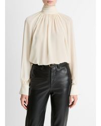 Vince - Gathered Draped-Neck Crepe Blouse - Lyst