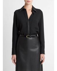 Vince - Faux-Leather-Trim Crepe Button-Front Shirt - Lyst