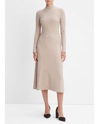 Vince - Ribbed Long-sleeve Mock Neck Dress, Brown, Size M - Lyst