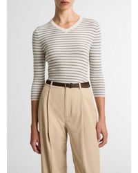 Vince - Striped Cashmere-Silk High V-Neck Sweater - Lyst
