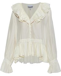 Ganni - Satin Top With Ruffles - Lyst
