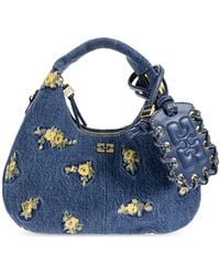 Ganni - Denim Bag With Floral Motif - Lyst