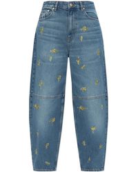 Ganni - Jeans With Floral Motif - Lyst
