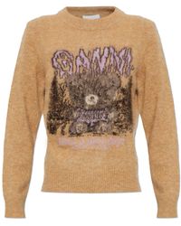 Ganni - Sweater With A Colorful Pattern And Logo - Lyst