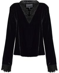 Ganni - Velvet Top With Lace Detailing - Lyst