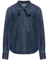 Self-Portrait - Denim Shirt With A Tie Neckline - Lyst