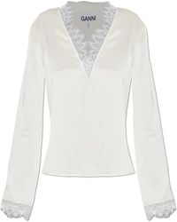 Ganni - Satin Top With Lace Trim - Lyst