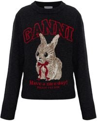 Ganni - Wool Sweater With Logo - Lyst