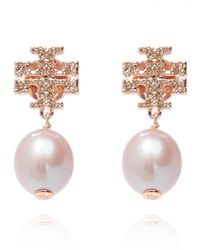 Tory Burch - Goldtone, Crystal & Faux-pearl Logo Drop Earrings - Lyst