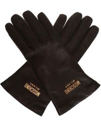 Moschino - Logo Plaque Leather Gloves - Lyst