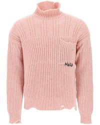 Marni - Funnel-neck Sweater In Destroyed-effect Wool - Lyst