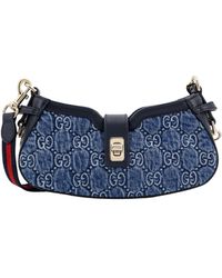 Gucci - Denim And Leather Shoulder Bag With All-Over Gg Motif - Lyst