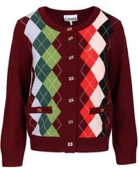 Ganni - Checked Cardigan Knitwear Bordeaux - Lyst