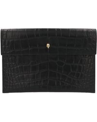 Alexander McQueen - Skull-embellished Croc-embossed Leather Envelope Pouch - Lyst