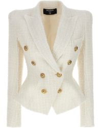 Balmain - Double-Breasted Tweed Blazer With Logo Buttons Blazer And Suits Bianco - Lyst