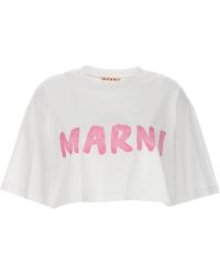 Marni - Logo Print Cropped T Shirt Bianco - Lyst