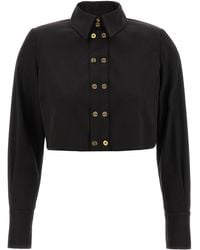 Elisabetta Franchi - Cotton Satin Cropped Shirt With Padded Shoulders - Lyst