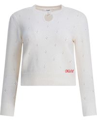 Chloé - Perforated Wool And Cashmere Sweater Knitwear Bianco-Donna - Lyst