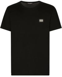 Dolce & Gabbana - | T-shirt in cotone con placca in metallo con logo frontale | male | NERO | 54 - Lyst