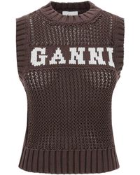 Ganni - Open Stitch Knitted Vest With Logo - Lyst