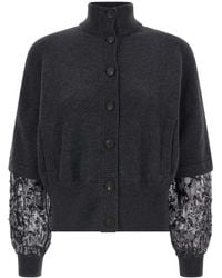 Brunello Cucinelli - Sequin Sleeve Cardigan Maglioni Grigio-Donna - Lyst