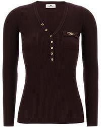 Elisabetta Franchi - Silk Blend V-Neck Sweater With Button Detail - Lyst