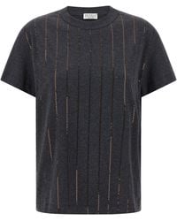 Brunello Cucinelli - Dazzling Chalk Stripe Embroidery T Shirt Grigio-Donna - Lyst
