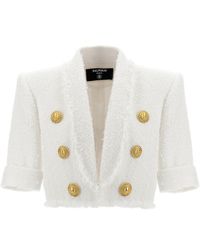 Balmain - Tweed Short Jacket Blazer And Suits - Lyst