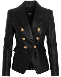 Balmain - Double-Breasted Leather Blazer - Lyst