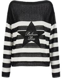 Balmain - Logo Embroidery Striped Sweater Maglioni Bianco/Nero - Lyst