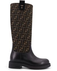 Fendi - Filo Leather And Ff Jacquard Fabric Boots-Donna - Lyst
