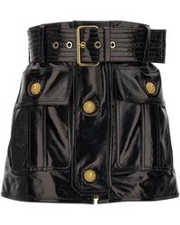 Balmain - Belt-Up Shiny Leather Skirt Gonne Nero - Lyst