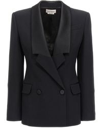 Alexander McQueen - Double-Breasted Blazer With Satin Details - Lyst
