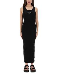 Moschino - Long Ribbed Maxi Dress With Logo Detail - Lyst