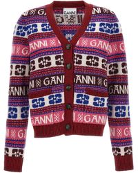 Ganni - Jacquard Wool Cardigan With Logo Pattern - Lyst