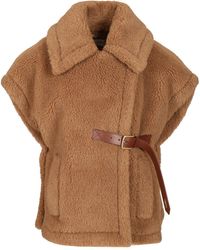 Max Mara - Teddy Fabric Cape Leather And Fur Beige - Lyst
