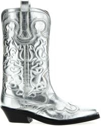 Ganni - Mid Shaft Embroidered Western Boots, Ankle Boots - Lyst