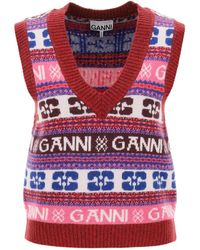 Ganni - Gilet In Lana Jacquard Con Motivo Logo - Lyst