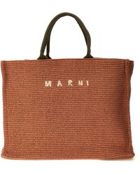 Marni - Large Shopping Bag With Logo Embroidery Tote Beige - Lyst