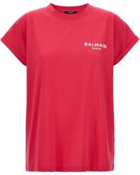 Balmain - Flocked Logo T Shirt Fucsia - Lyst