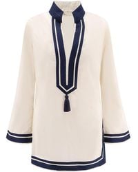 Tory Burch - Cotton Short Dress With Contrasting Profiles - Lyst