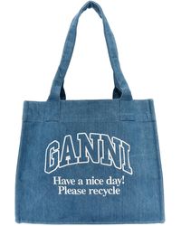 Ganni - Logo Embroidery Denim Shopping Bag Tote Bag - Lyst