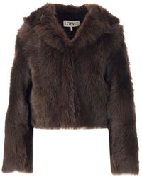 Loewe - Shearling Hooded Jacket Coats Marrone-Donna - Lyst