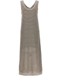 Brunello Cucinelli - Sequin Striped Long Dress Abiti Grigio - Lyst