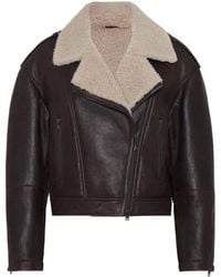 Brunello Cucinelli - Leather Biker Jacket With Shearling Collar - Lyst